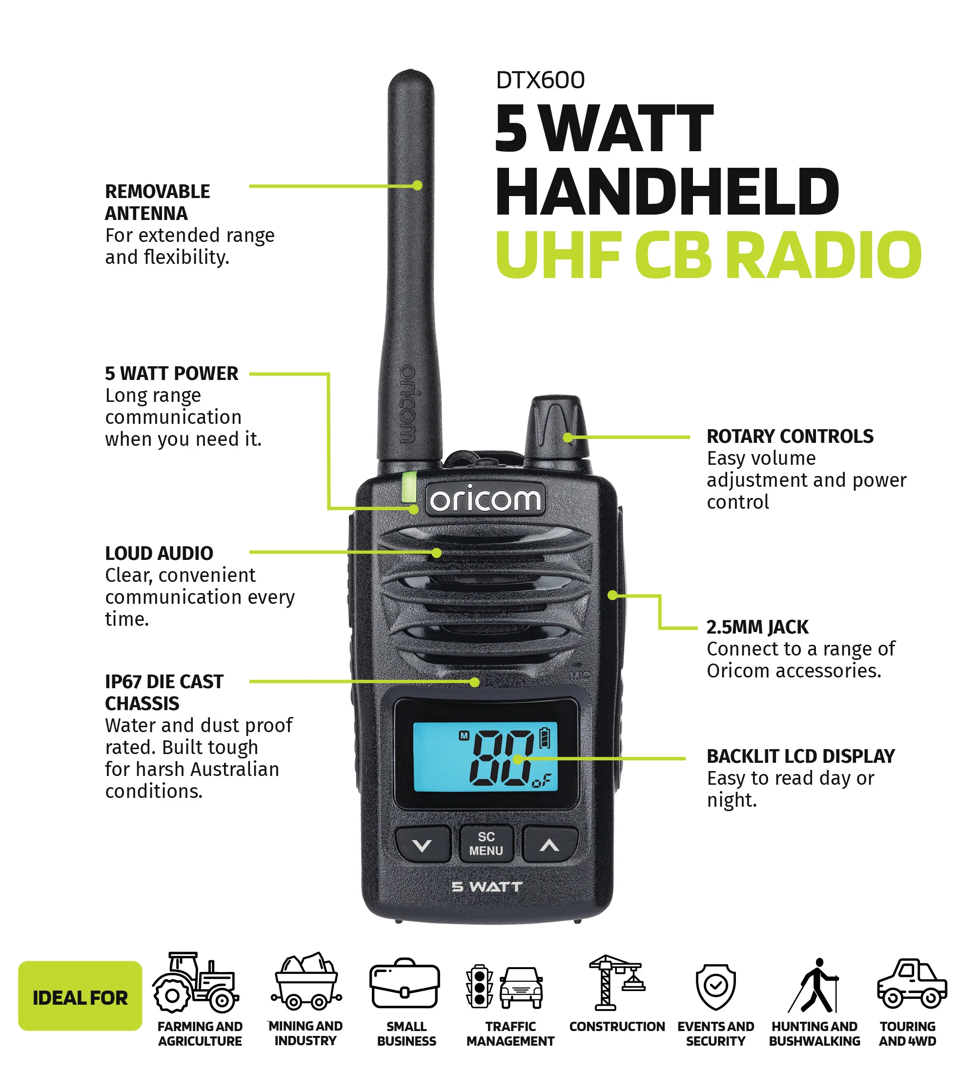 DTX600 Waterproof IP67 5 Watt Handheld UHF CB Radio (Black) - Image 2